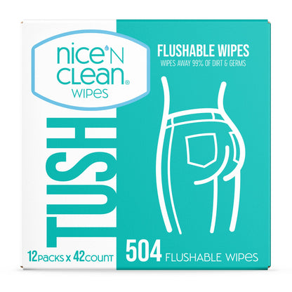 Nice &amp;#39;N Clean Adult Flushable Wipes (12 x 42 Count) | Personal Cleansing Wipes Made from Plant-Based Fibers | Infused with Aloe &amp;amp; Vitamin E