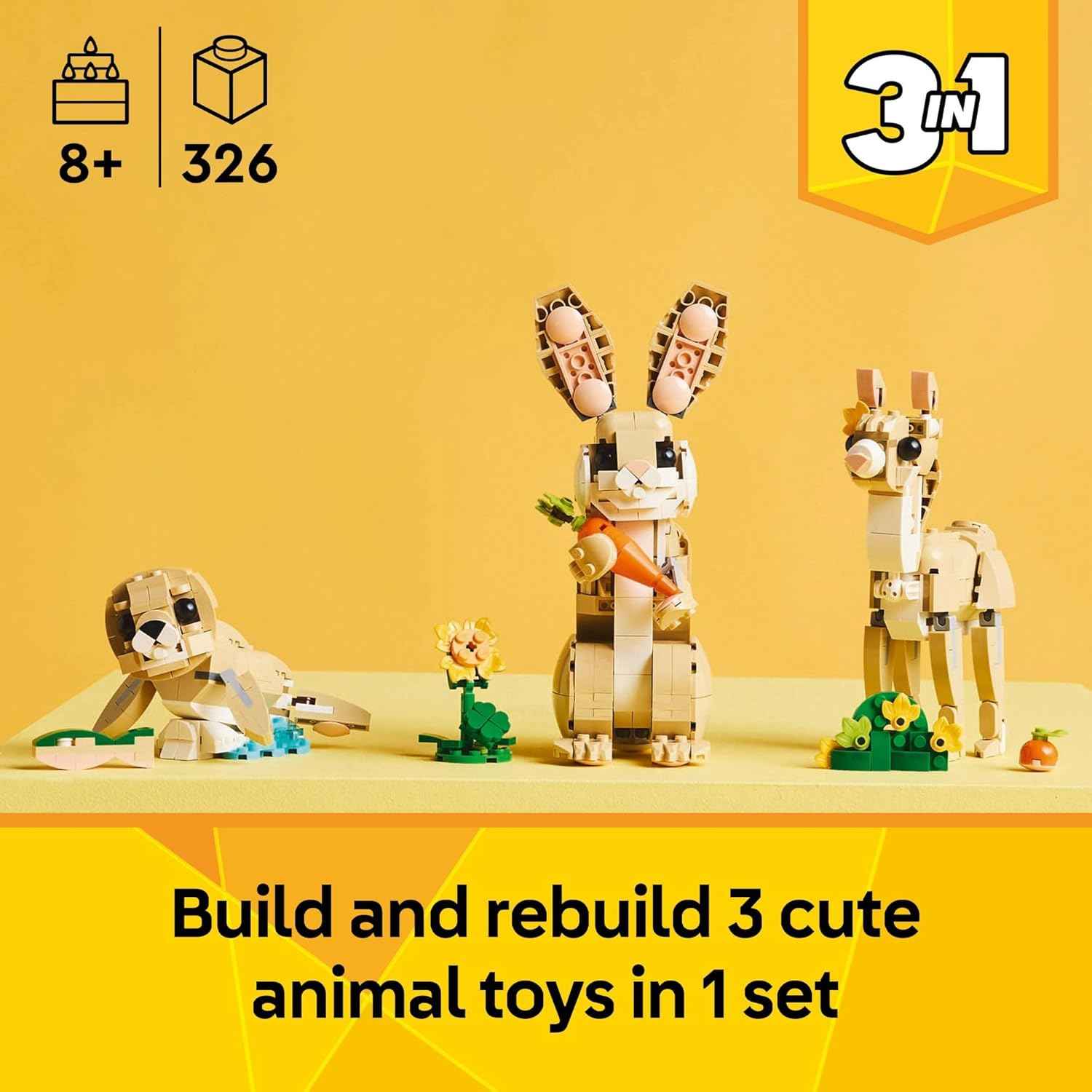 LEGO Creator 3 in 1 Cute Bunny Toy - Building Toy for Girls and Boys, Ages 8+ - Gift for Easter Basket - W/ 3 Build Options, Bunny, Seal, or Llama - 31162
