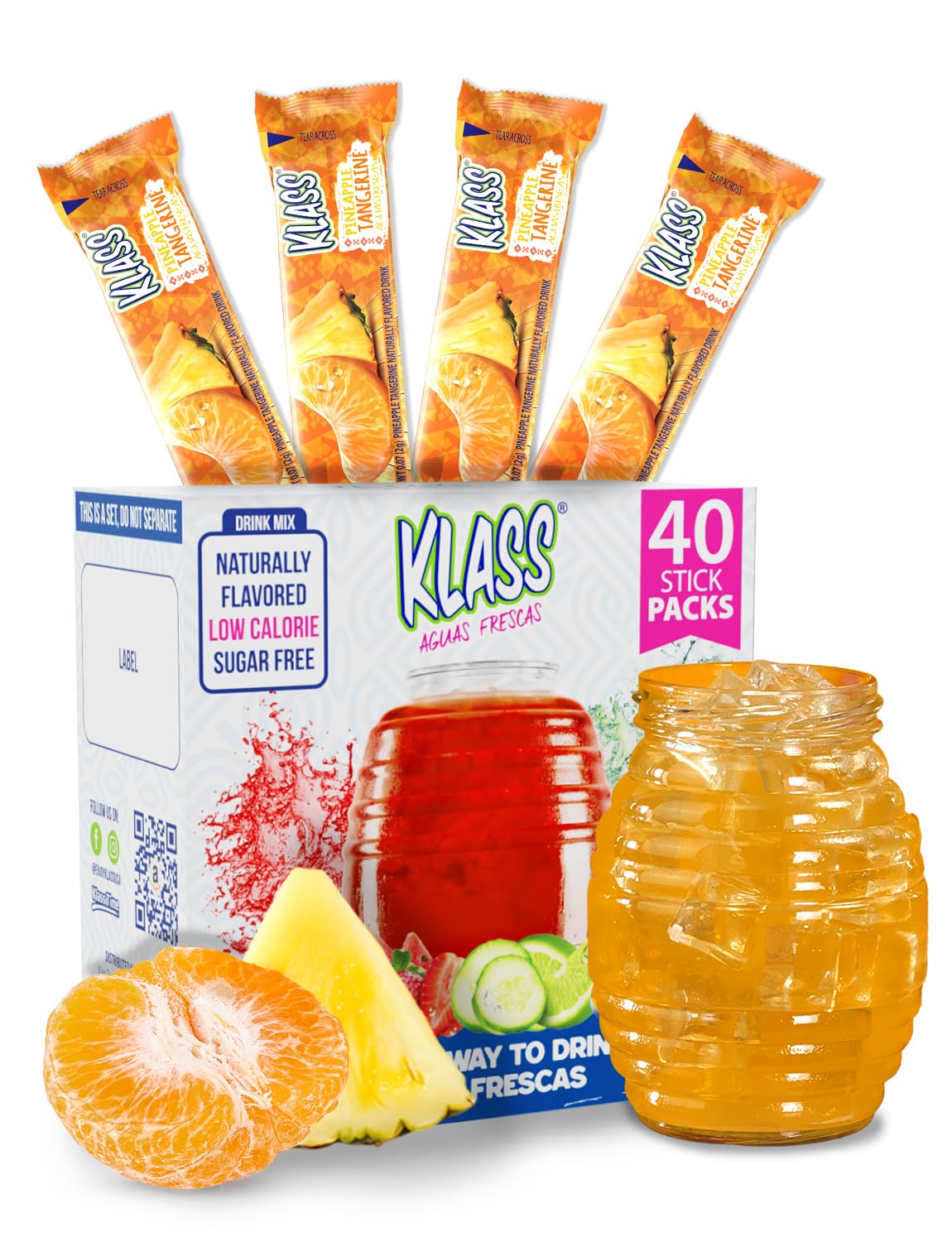 Klass Aguas Frescas, Powdered Drink Mix Variety Pack, 40 Singles Zero Sugar &amp;amp; Caffeine-Free Powder Packets, Water Drink Mix, Flavor: Pineapple Tangerine- 5 Calories Per Packet &amp;amp; Natural Flavors