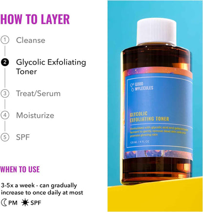 Good Molecules Glycolic Exfoliating Toner - Hyaluronic and Glycolic Acid Daily Toner for Face - Cleansing Facial Exfoliant for Glowing Even Skin Tone, Skin Care
