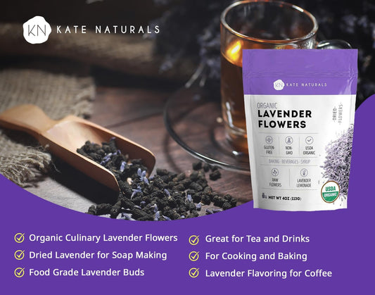 Kate_Naturals_Dried_Lavender_Flowers_for_Tea,_Syrup,_Lemonade,_Soap_Making._Edible_Culinary_Grade_Buds_(4oz,_Organic,_Food_Grade)