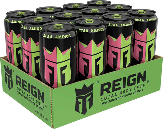 Reign Total Body Fuel, Watermelon Sour Gummy, Fitness & Performance Drink, 16 Fl Oz (Pack of 12)