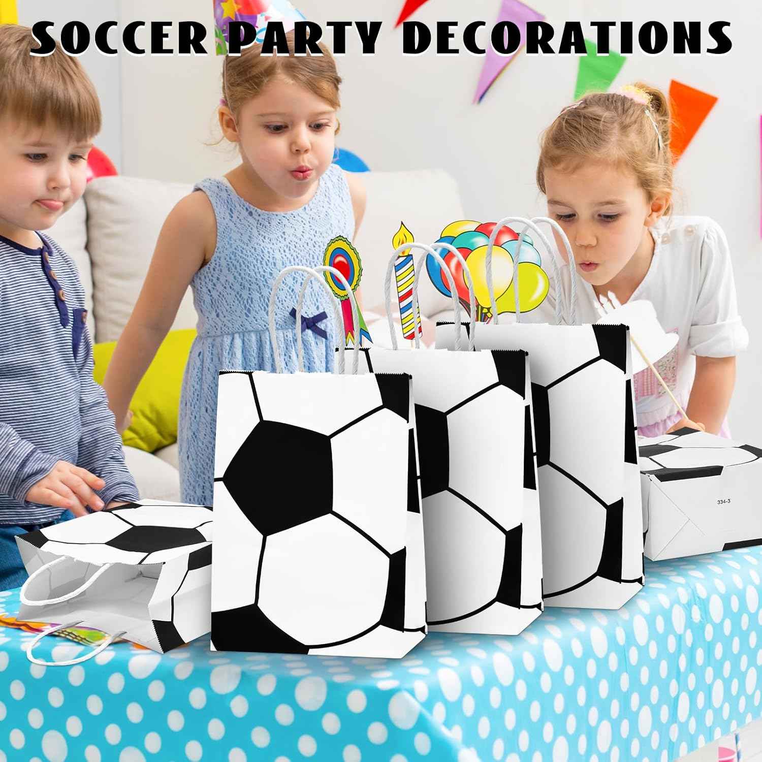 Leezmark 12 Pcs Soccer Party Favor Bags, Soccer Themed Party Gift Bags with Handles, Paper Gift Bags Soccer Goodie Bags Treat Candy Bags for Kids Adults Soccer Party Supplies