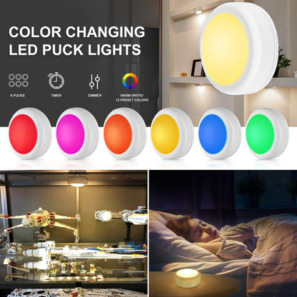 BLS_LED_Puck_Lights_with_Remote_Control,_Wireless_Under_Cabinet_&_Closet_Lighting,_RGB_13_Color_Changing_Lights_with_Dimmer,_Timer_&_AA_Battery_Operated,_Push,_Touch,_Stick_on_for_Night,_Wall,_2_Pack/6_Pack