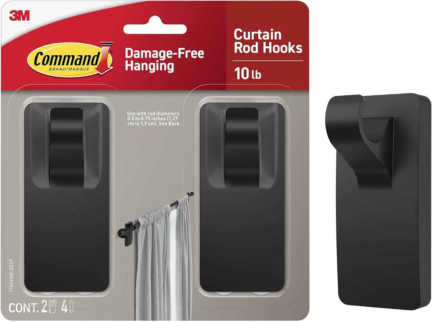 Command 10 lb Matte Curtain Rod Hooks, 2 Hooks and 4 Strips, No Drilling Home Decor and Room Decor, Use with Rod Diameters 0.5-0.75" | 10 lb, 4 Command Strips, Damage Free, Curtain Rods Hangers, Home and Room Decor