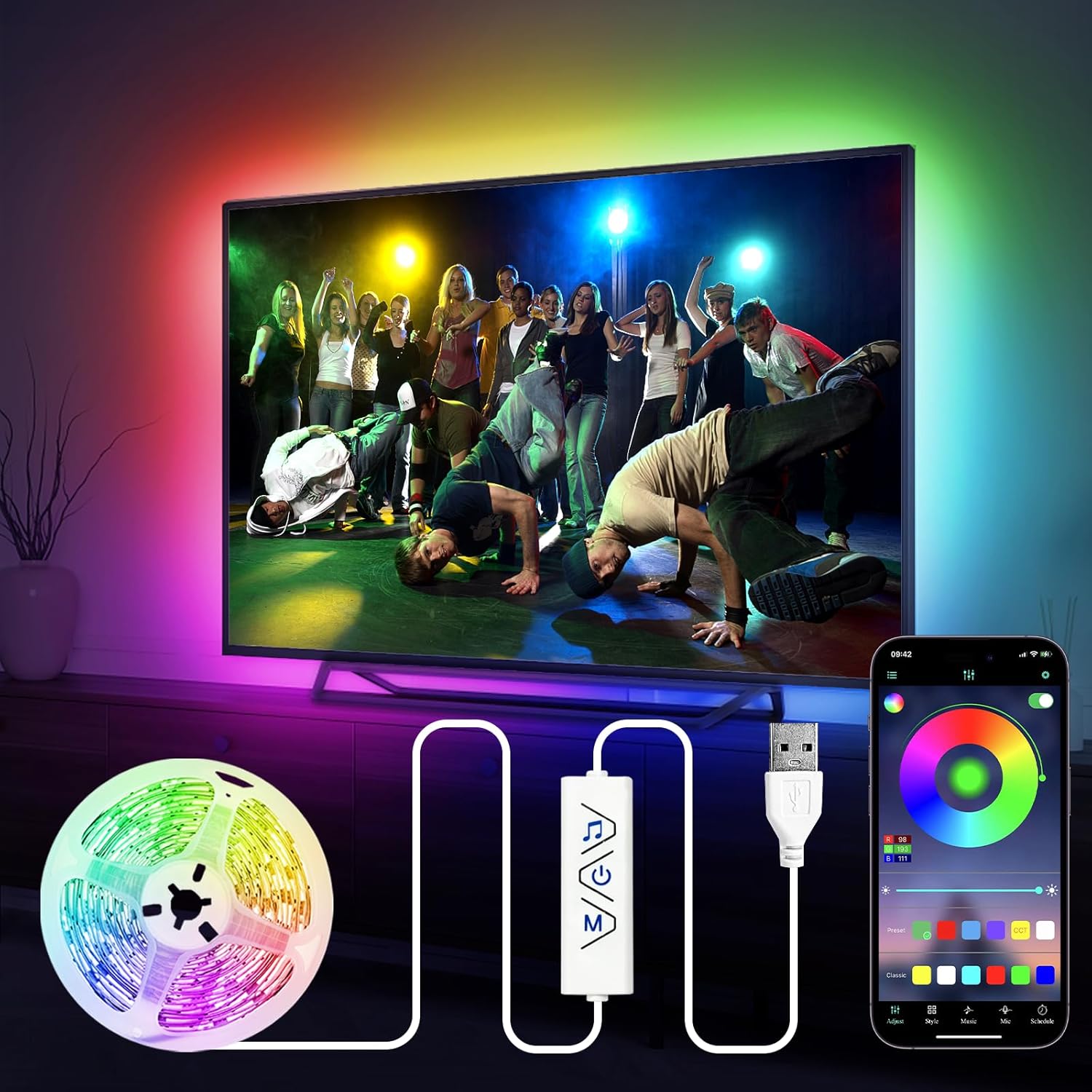 HOUHUI_TV_LED_Lights_13Ft/32.8ft,_RGB_LED_Strip_Lights_for_32-65in_TV_Backlight,_App_Control_Strips_Light_Sync_to_Music,_USB_Bias_LED_Strip_Lighting_for_Bedroom_Home_Room_PC_Monitor_Gaming_Lights_Cabinet