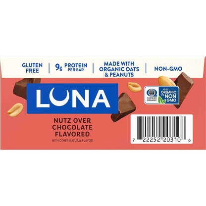 LUNA Bar - Nutz Over Chocolate Flavor - Gluten-Free - Non-GMO - 7-9g Protein - Made with Organic Oats - Low Glycemic - Whole Nutrition Snack Bars - 1.69 oz. (15 Count)
