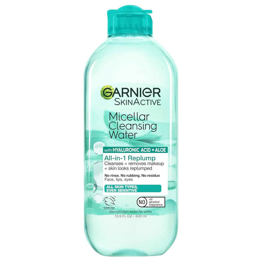 Garnier Micellar Water with Hyaluronic Acid, Facial Cleanser & Makeup Remover, Hydrating and Plumping, For All Skin Types, Vegan, Cruelty Free, 13.5 Fl Oz (400mL)