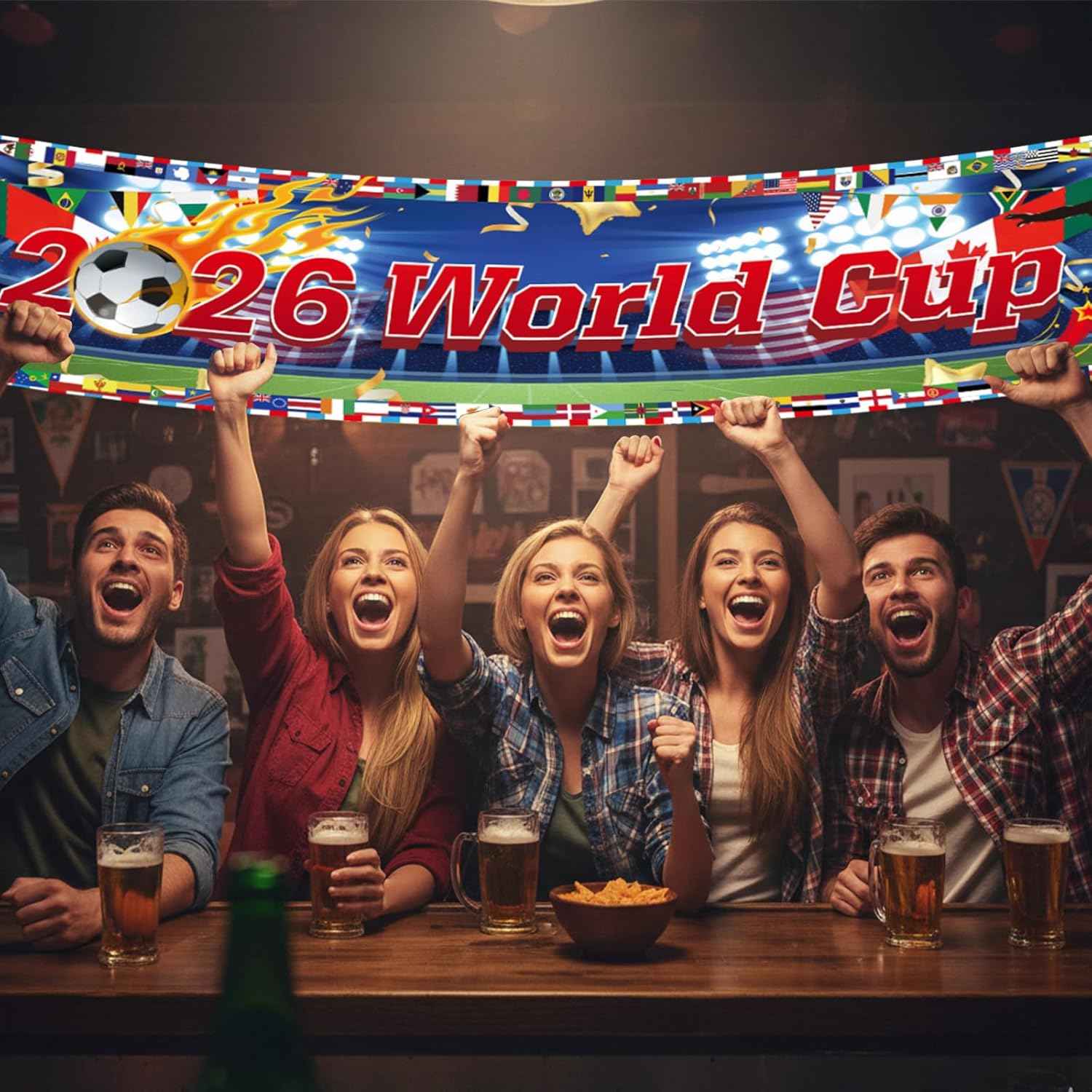 World Cup Banner for 2026 International Flags Decorations Around The World Cup Backdrop 118×20Inch World Map Trophy Photo Backdrop Cloth for Soccer Party, Bar, Home (Blue)