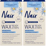 Nair Sensitive Hair Remover Wax Ready Strips, Face and Bikini Hair Removal Wax Strips, 40 Count