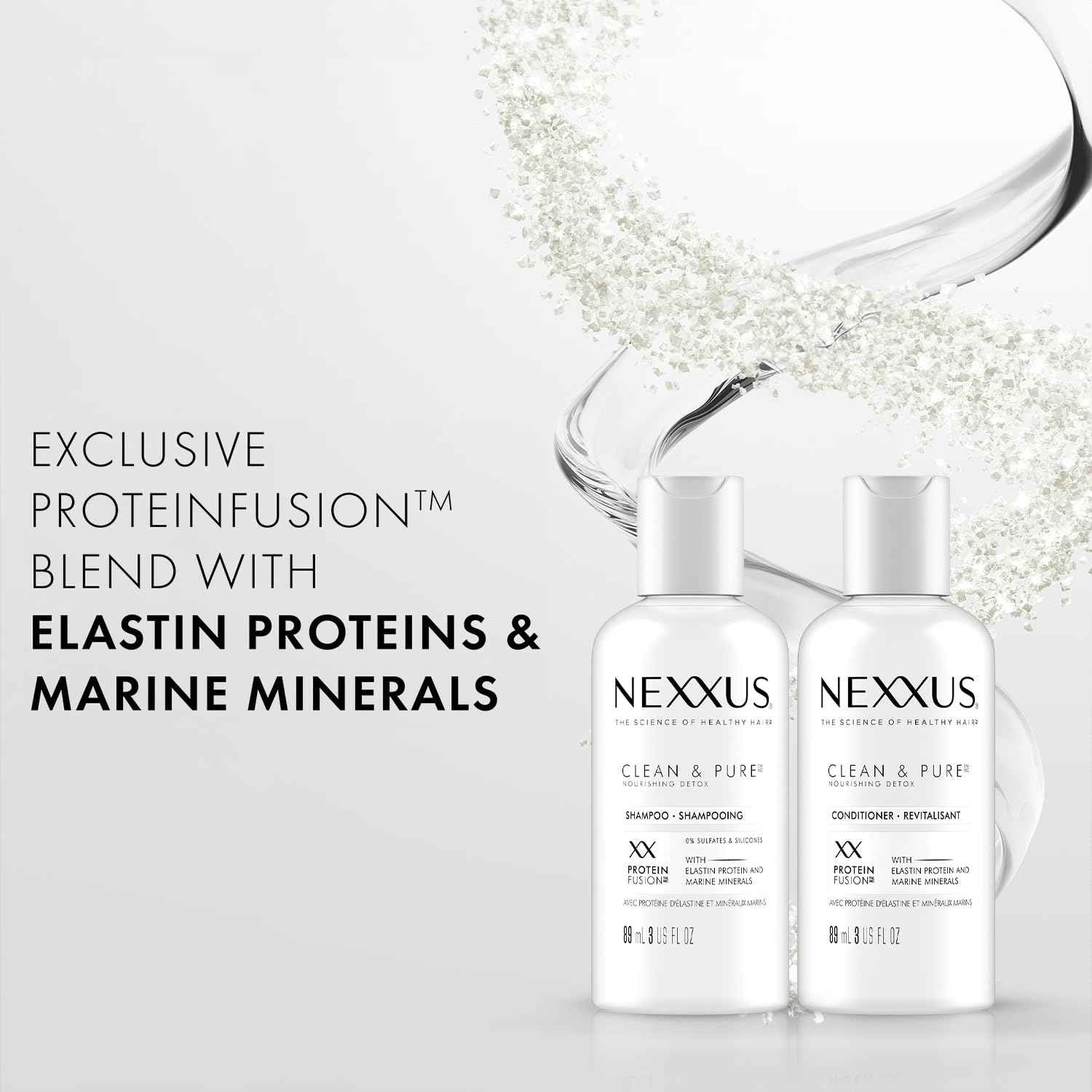 Nexxus Travel Shampoo and Conditioner, Clean & Pure – Hair Products with Elastin Protein and Marine Minerals, Sulfate-Free, 3 Oz Ea