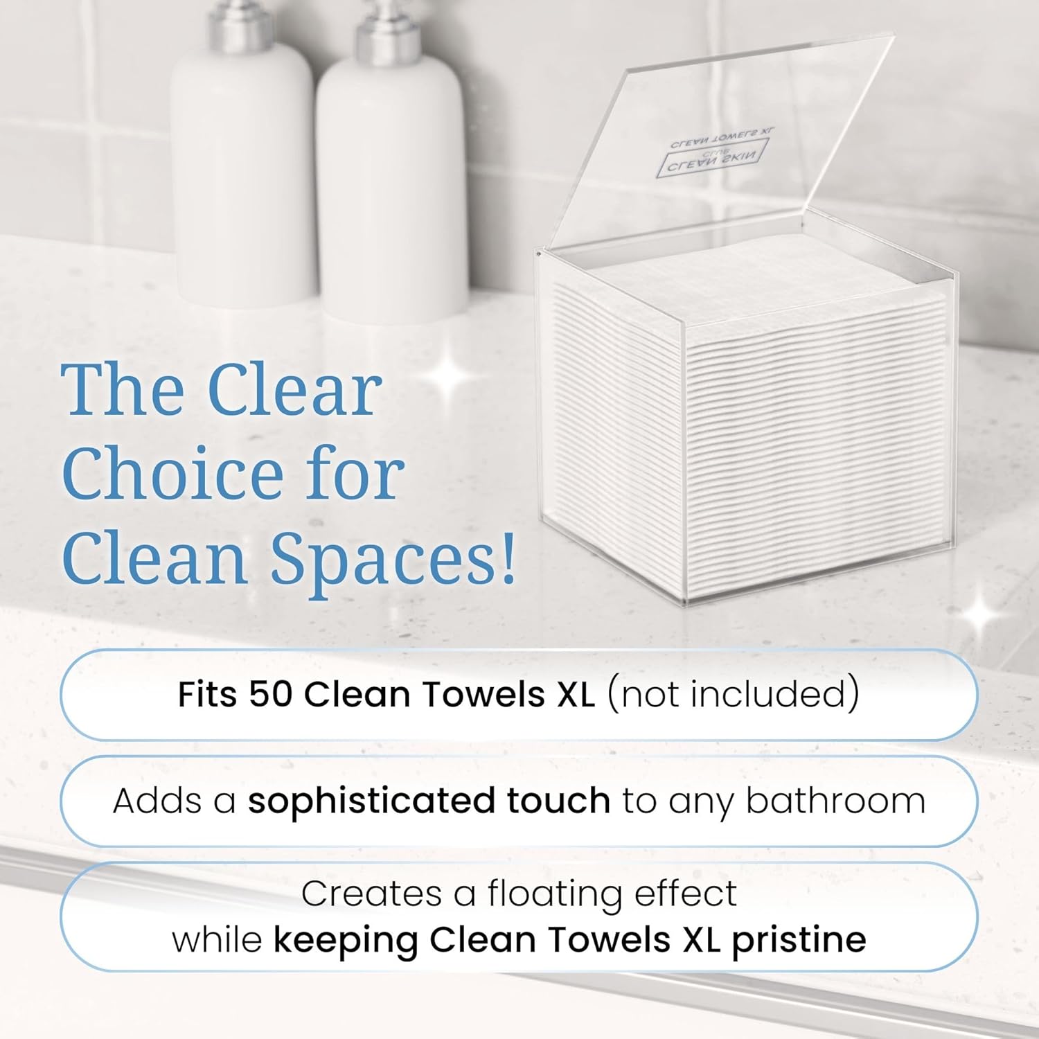 CLEAN_SKIN_CLUB_Clear_Acrylic_Box_for_Clean_Towels_XL_(NOT_Included),_Container_For_50_Disposable_Clean_Towels_XL,_Face_Towelettes_Bathroom_Counter_Storage,_Bin_for_Cleansing_Facial_Dry_Wipes