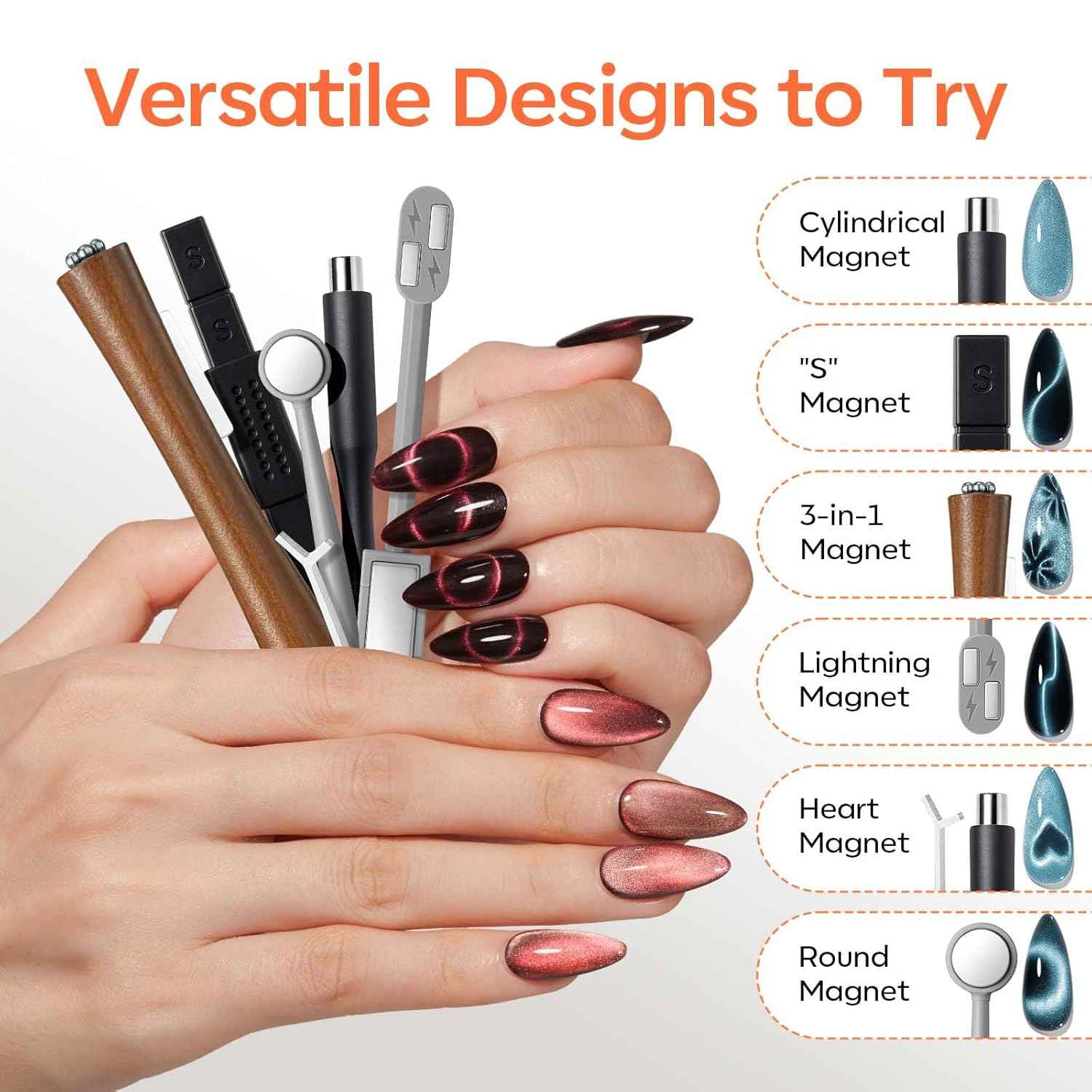 modelones Cat Eye Magnet Set, Heart French Cateye Gel Polish Nail Tools Kit Dual-Head 3 IN One Magnets Pen Heart Round Square Flower Glassy Moon Multi Effect Nail Art Designs Home DIY Salon Use