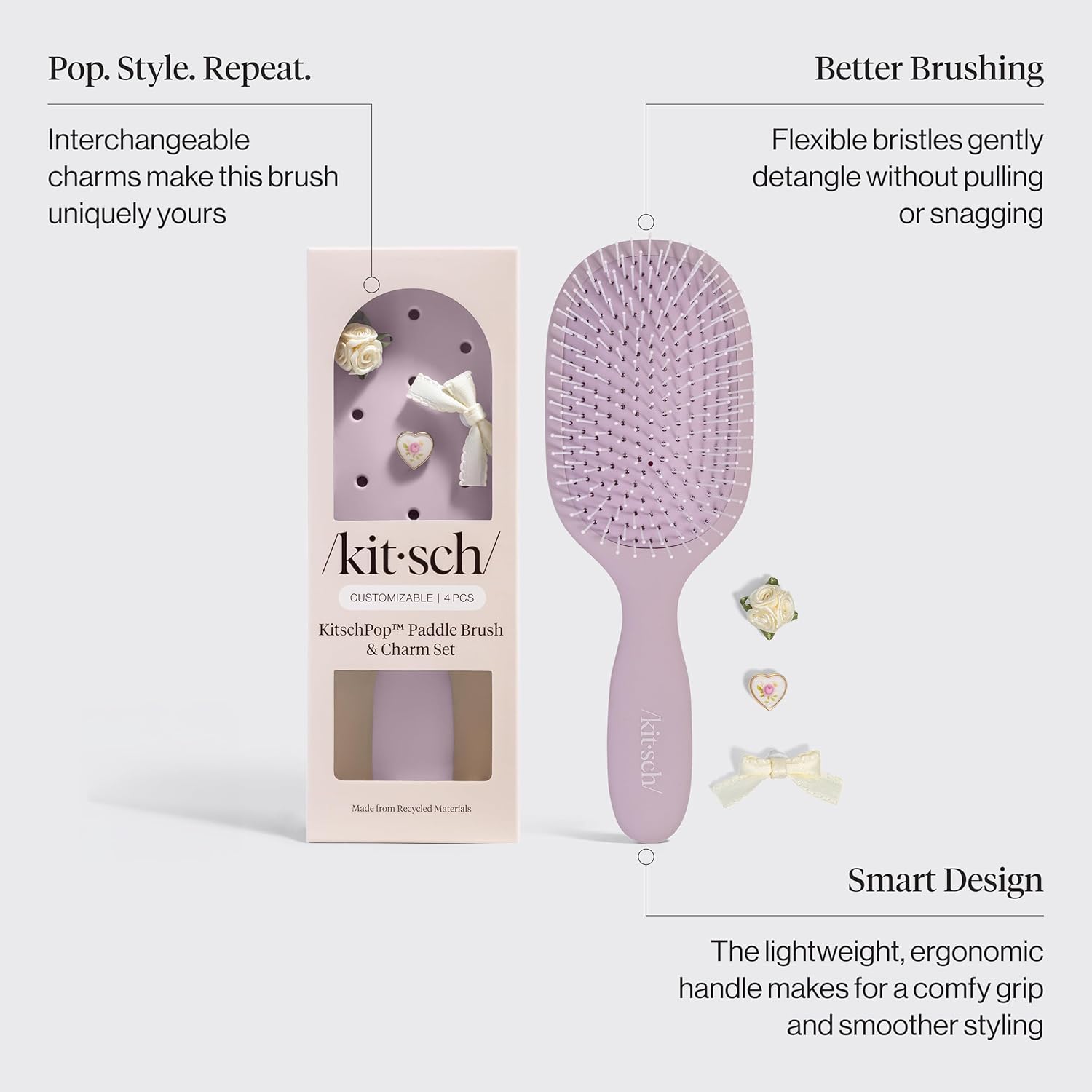 KitschPop™_Paddle_Hairbrush_for_Women_–_Flexible_Bristles_Paddle_Brush_for_Less_Breakage,_Scalp-Stimulating_Detangler_Hair_Brush_for_Wet_&_Dry_Hair,_Customizable_with_KitschPop™_Charms_-_Soft_Violet