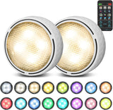 Battery Operated Puck Lights with Remote LED Under Cabinet Lighting Wireless Stick on Lights Color Changing Timer Tap Lights for Cabinets Shelves Closets Display Case - 2/6 Pack- Black/White
