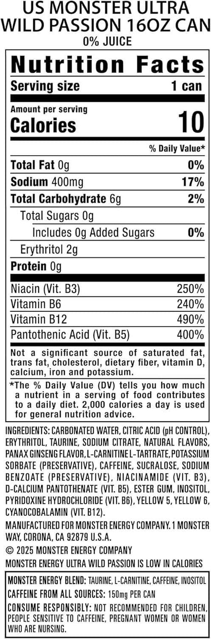 Monster Energy Ultra Wild Passion, Sugar Free Energy Drink, 16 Ounce (Pack of 15)