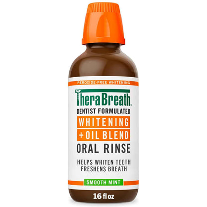 TheraBreath Whitening + Oil Blend Oral Rinse, Alcohol-Free & Peroxide-Free Mouthwash Helps Whiten Teeth & Freshen Breath, Smooth Mint, 16 Fl Oz