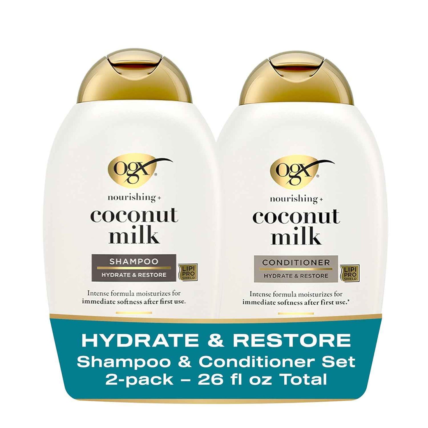 OGX Nourishing + Coconut Milk Sulfate Free Shampoo and Conditioner Set, Hydrates & Softens Hair, Lipi Pro Shield Technology, Creamy Coconut Milk White Peach & Shea Butter Scent