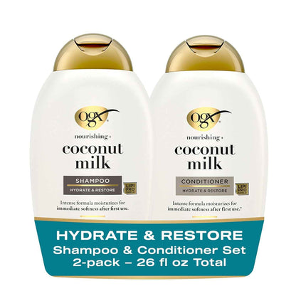 OGX Nourishing + Coconut Milk Sulfate Free Shampoo and Conditioner Set, Hydrates & Softens Hair, Lipi Pro Shield Technology, Creamy Coconut Milk White Peach & Shea Butter Scent