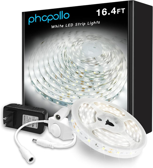 phopollo_White_LED_Strip_Lights,_16.4ft/20FT/25FT/50FT_Dimmable_Daylight_White/Warm_White_Led_Light_Strip,_LEDs_Flexible_Led_Lights_for_Bedroom,_Mirror,_Kitchen_Decoration