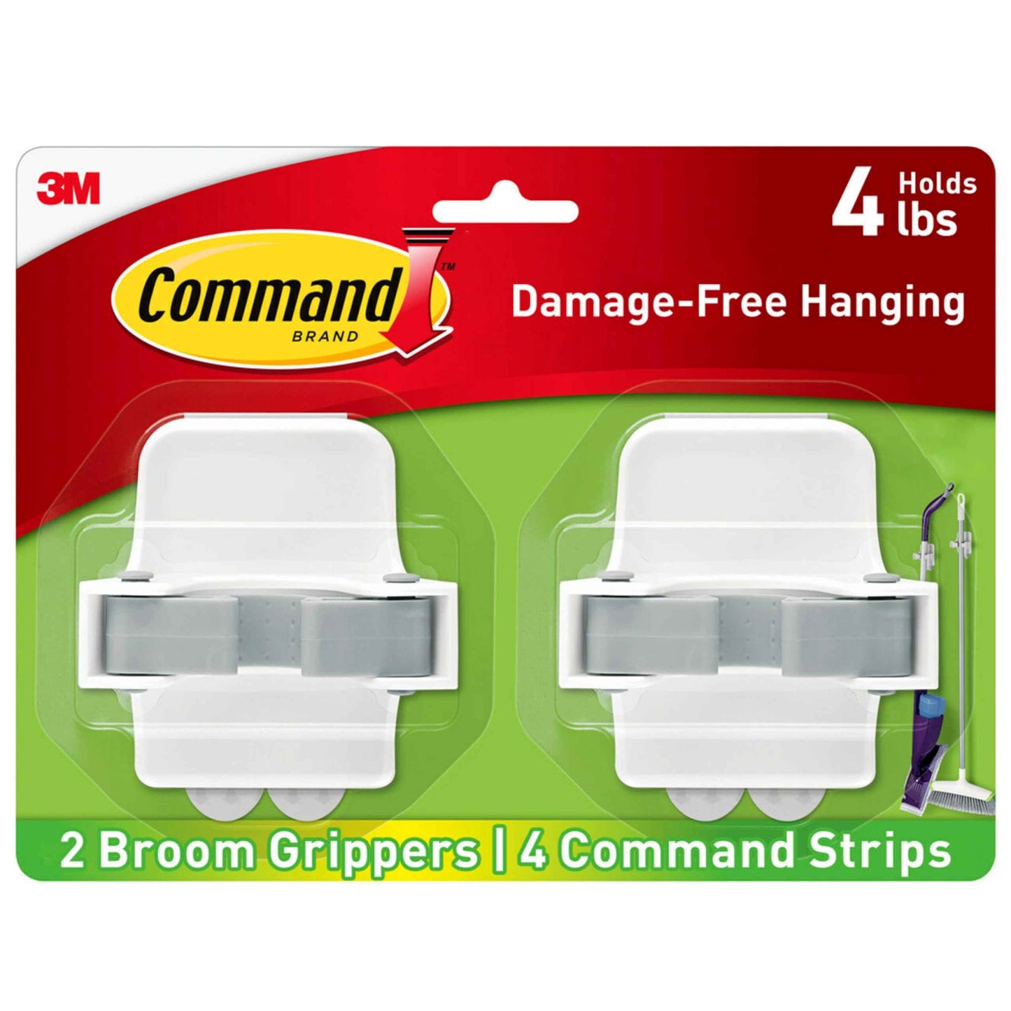 Command Broom Grippers, Damage-Free Mop and Broom Holder Wall Mount, Household Cleaning Tool Organizer for Kitchen, Laundry Room, Closet, Holds up to 4 lb