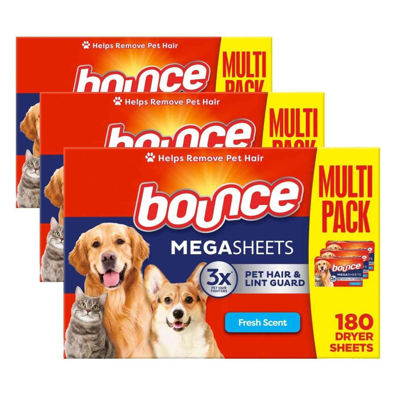 Bounce Pet Hair and Lint Guard Mega Dryer Sheets with 3X Pet Hair Fighters, Fresh Scent
