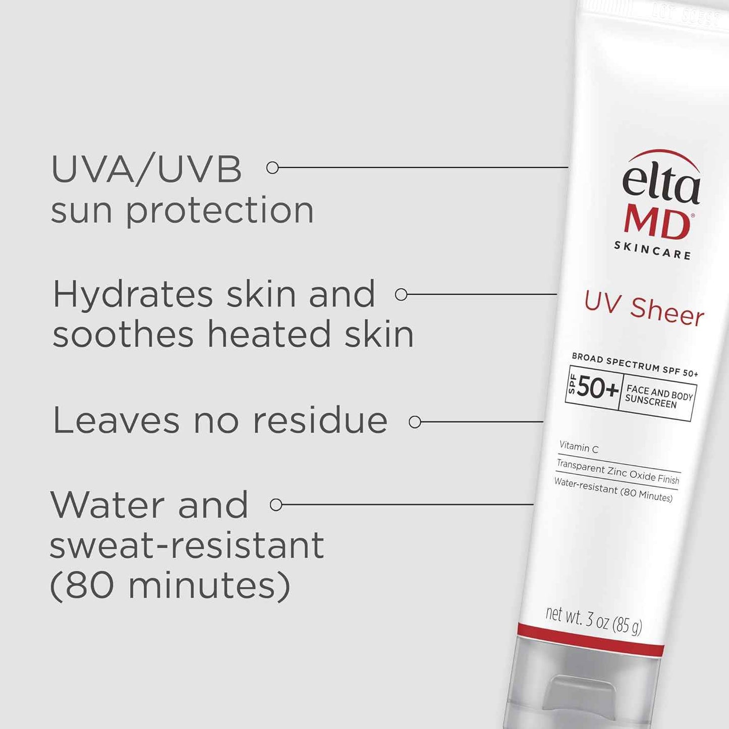 EltaMD UV Sheer Face and Body Sunscreen SPF 50+, No White Cast Sunscreen with Transparent Zinc Oxide and Hyaluronic Acid, Moisturizes and Protects