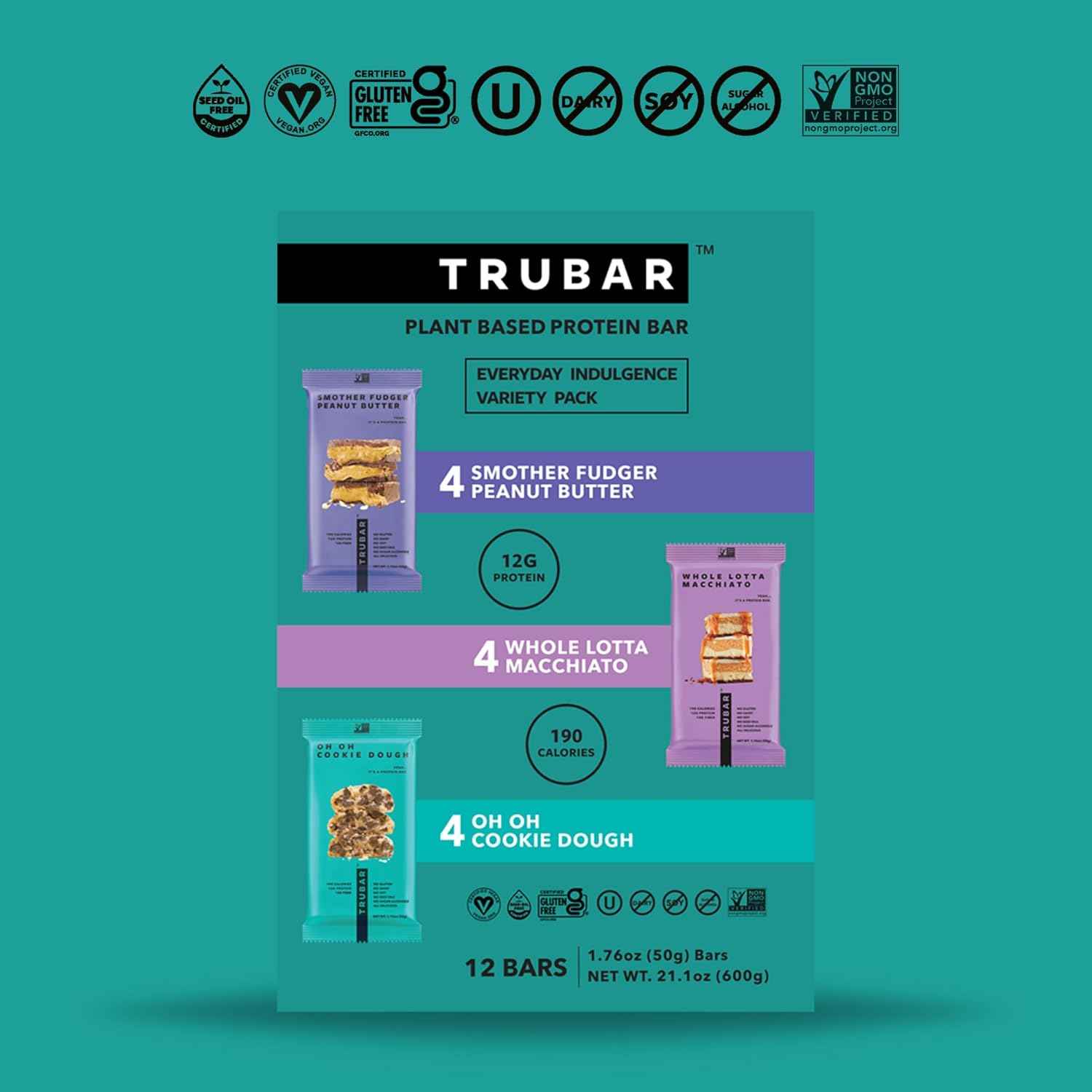 TRUBAR Vegan Protein Bar, Assorted Flavors, Gluten Free, Vegan Protein Snacks, 12G Plant-Based Protein, High Fiber, Healthy Protein Bars
