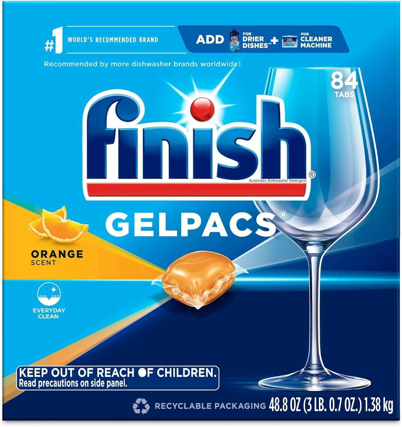 Finish Gelpacs Dishwasher Detergent Pods, Quick Dissolving Cleaning Power, Fights Grease & Dried-On Food, Easy-to-Use Pre-Measured Dishwasher Soap, Orange Scent