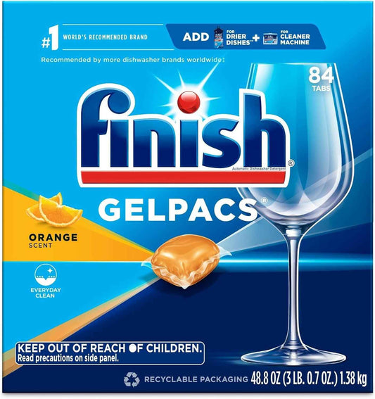 Finish Gelpacs Dishwasher Detergent Pods, Quick Dissolving Cleaning Power, Fights Grease & Dried-On Food, Easy-to-Use Pre-Measured Dishwasher Soap, Orange Scent