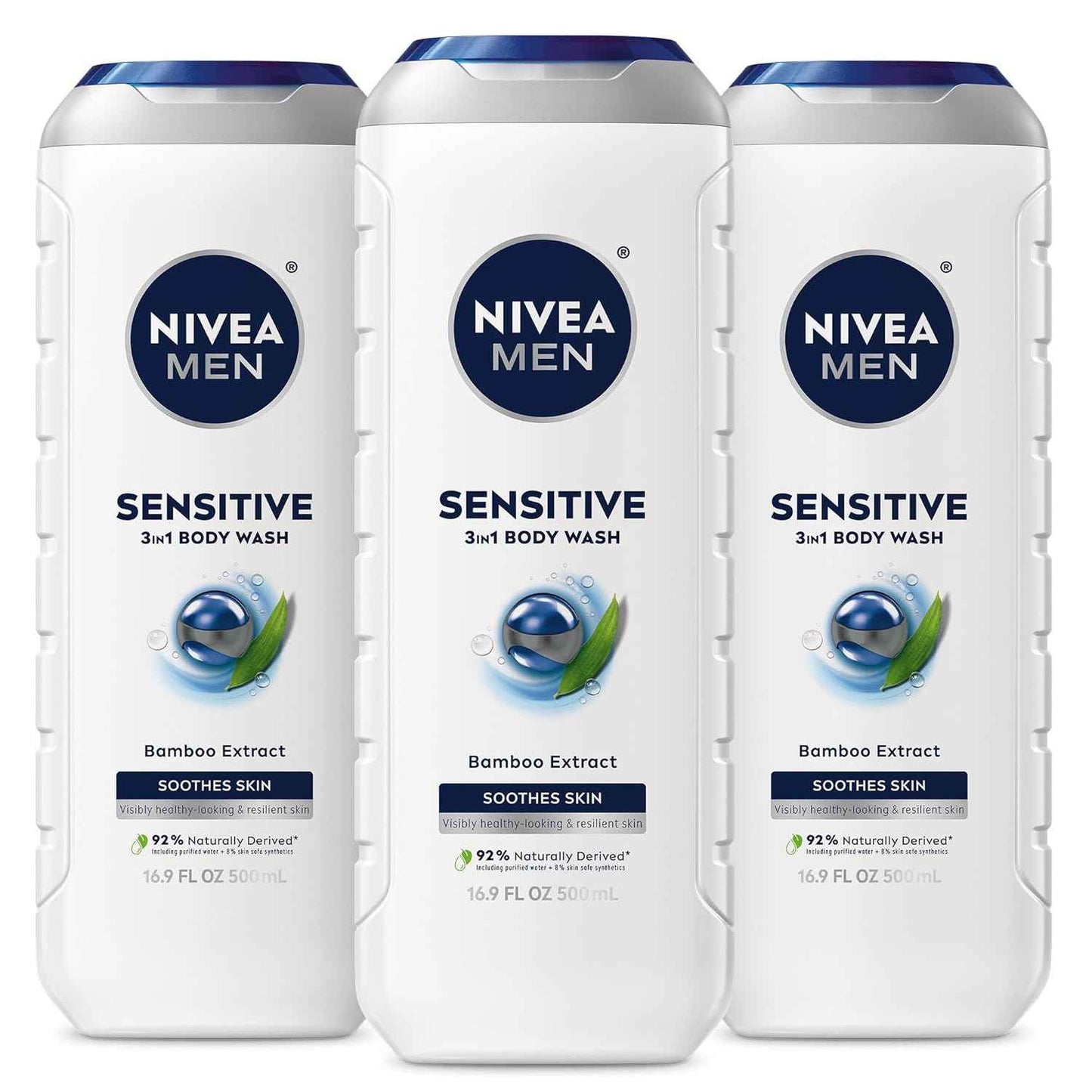 NIVEA MEN Sensitive Body Wash with Bamboo Extract, Moisturizing Body Wash for Sensitive Skin, Soap Free Shower Gel for Men with No Drying Alcohol, 16.9 Fl Oz Bottle