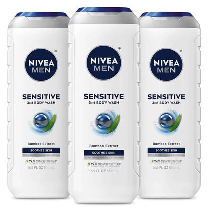 NIVEA MEN Sensitive Body Wash with Bamboo Extract, Moisturizing Body Wash for Sensitive Skin, Soap Free Shower Gel for Men with No Drying Alcohol, 16.9 Fl Oz Bottle