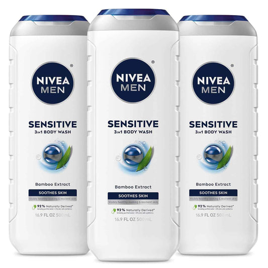 NIVEA MEN Sensitive Body Wash with Bamboo Extract, Moisturizing Body Wash for Sensitive Skin, Soap Free Shower Gel for Men with No Drying Alcohol, 16.9 Fl Oz Bottle