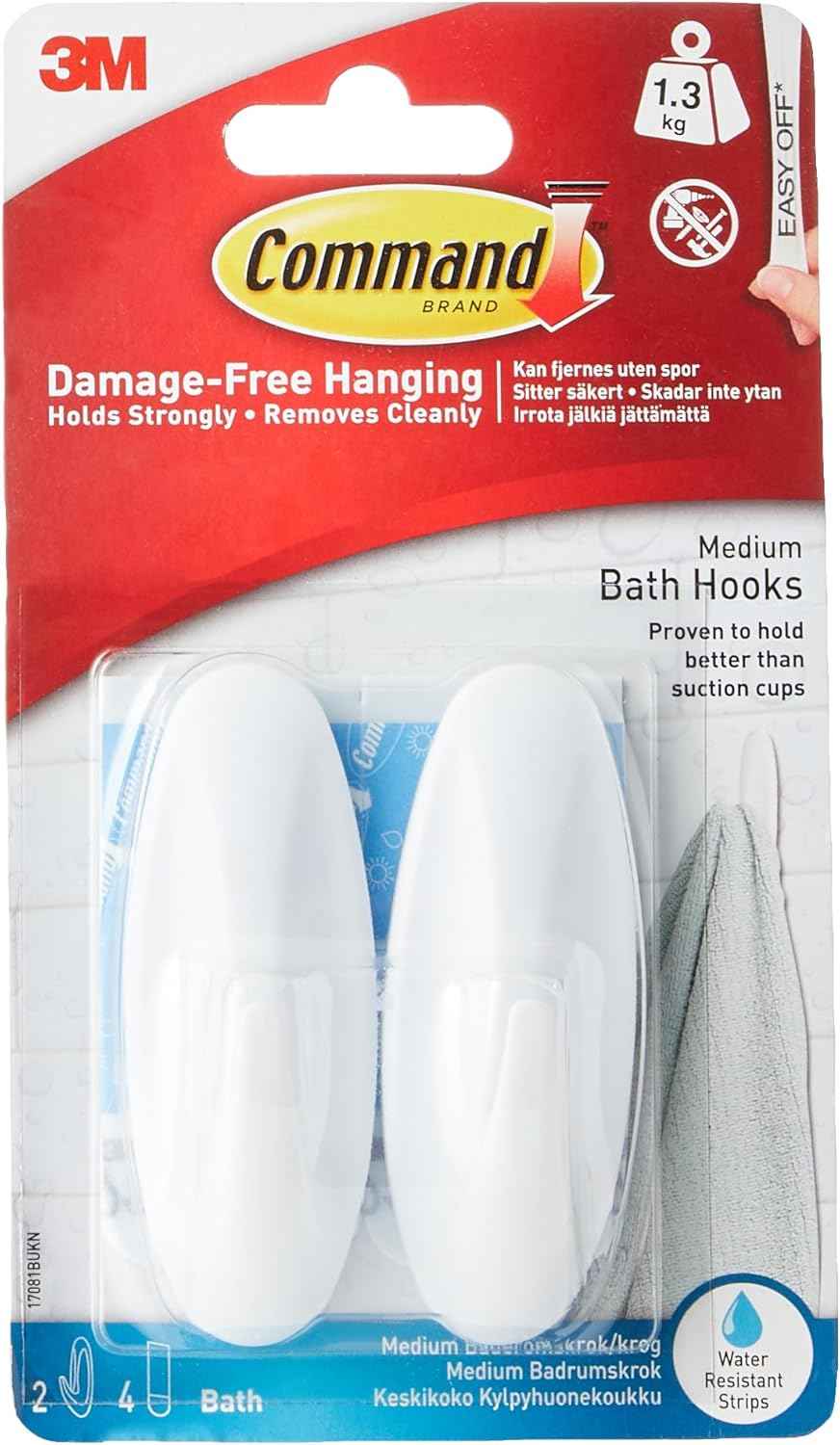 Command Designer Bath Hooks, White, 2-Hooks with Water-Resistant Strips (17081B-ES), Organize Your Dorm