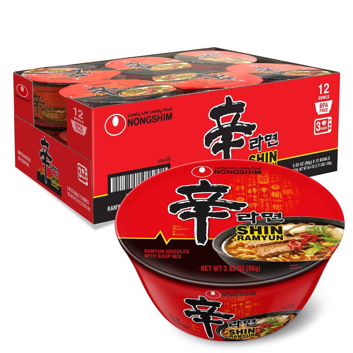 Nongshim Shin Ramyun Bowl Noodles, Spicy Korean Signature Instant Ramyun, Rich Beef Flavored Broth, Quick and Easy, Microwaveable Bowl