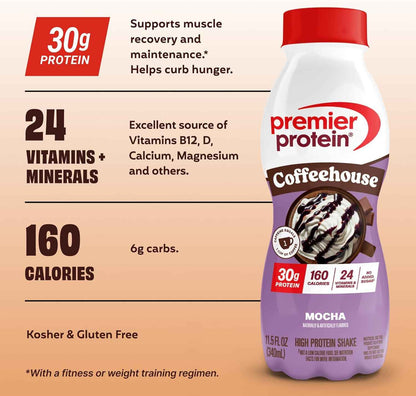 Premier Protein COFFEEHOUSE Protein Shake with Caffeine for Energy – 30g Protein, No Added Sugar, 24 Vitamins & Minerals, 11.5 fl oz, 12 Pack