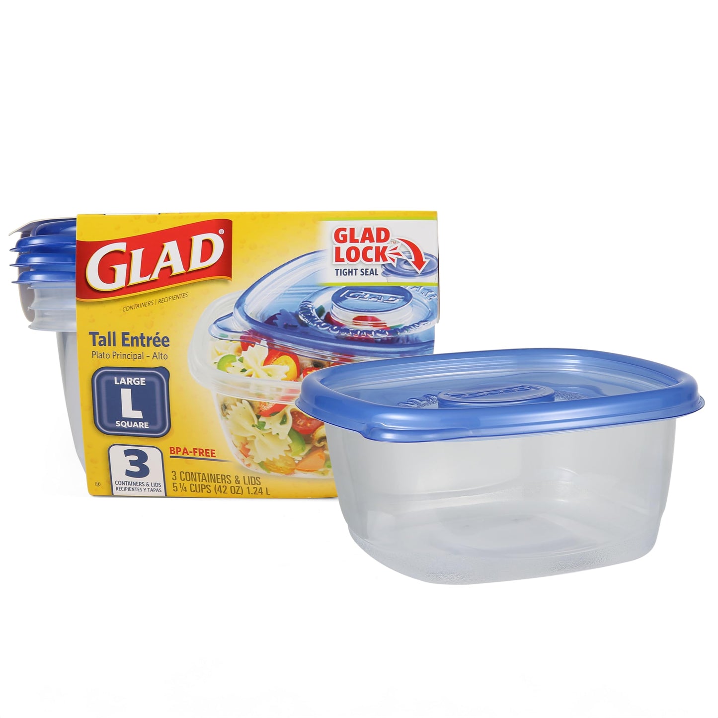 Glad GladWare Tall Entree Food Storage Containers with Lids, Large Square BPA Free Plastic for Meal Prep and Lunches, Lock Tight Seal, Microwave and Dishwasher Safe, 42 Oz, 3 Count