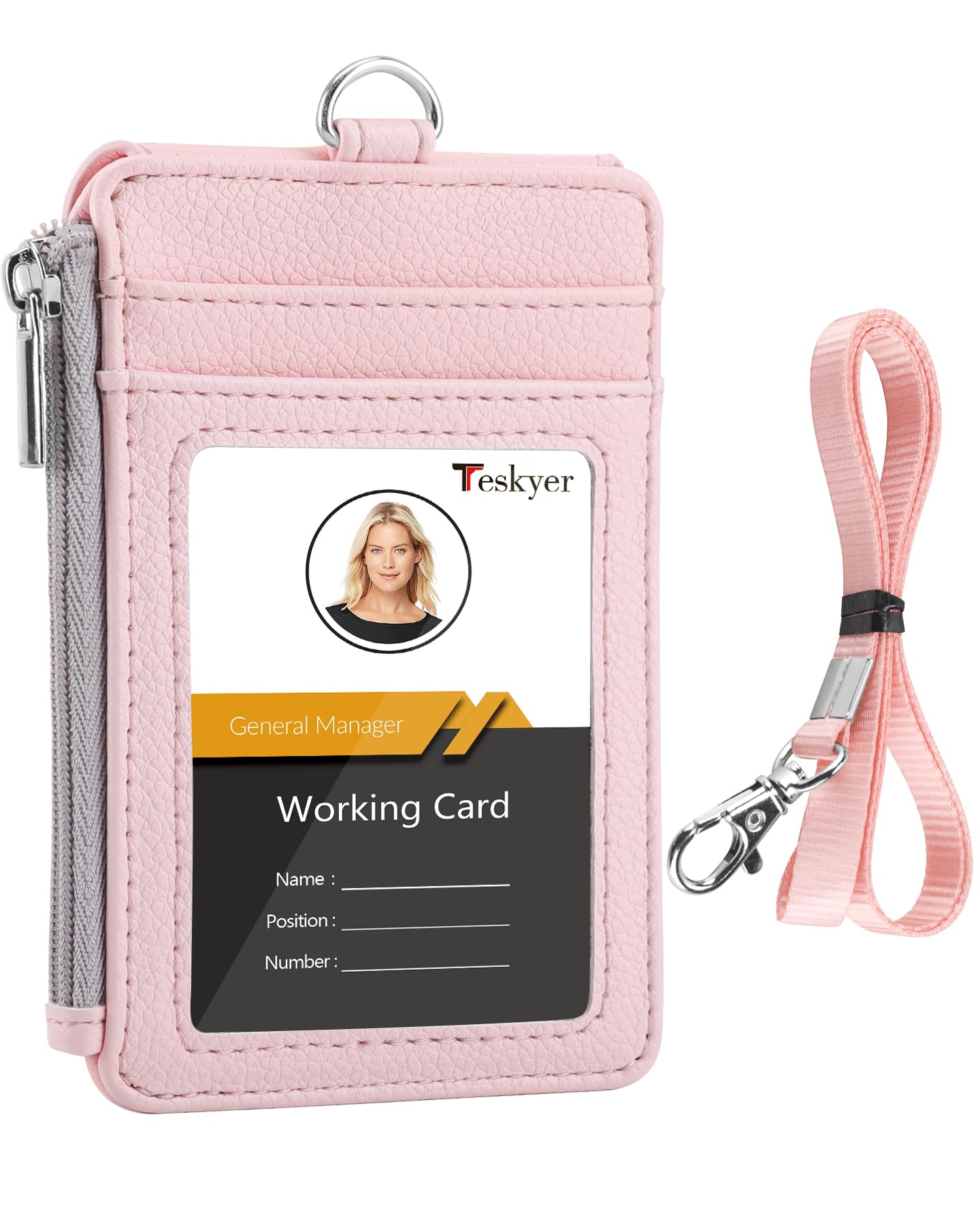 Teskyer Badge Holder with Side Zip Pocket, Multiple Card Slots Leather ID Holder Wallet with Neck Lanyard for Office Staffs, School, Workers, Cruise Cards, Metro Cards, Lichee Light Pink