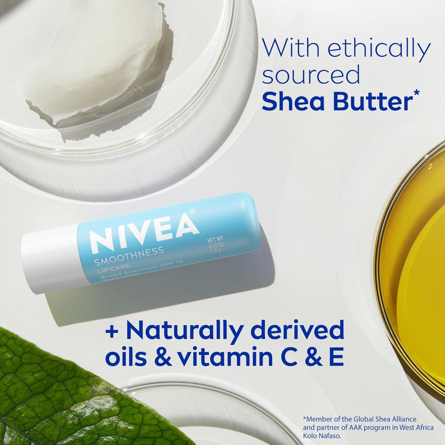 NIVEA_Smoothness_Lip_Care,_Sunscreen_Lip_Balm_with_SPF_15_Broad_Spectrum,_Shea_Butter,_Nourishing_Oils_and_Vitamin_C_&_E,_3-in-1_Moisture,_Repair_and_Sunscreen,_0.17_Oz_Stick,_Pack_of_4