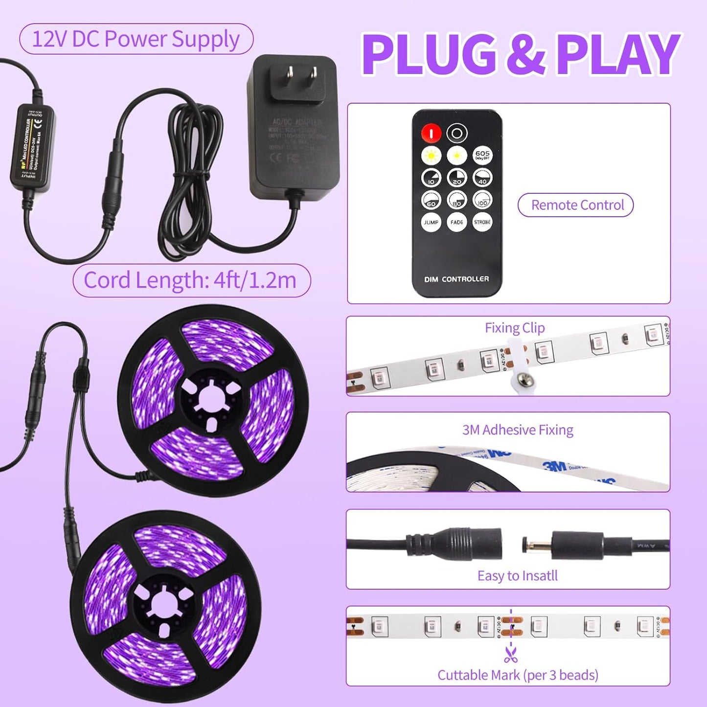 50_Ft/66FT_Black_Light_Strip_&_Remote,_900LEDs,_Dimmable_12V_Flexible_Black_Lights_for_Glow_Party,_Bedroom,_Hallween,_Fluorescent_Tapestry_Poster,_3_Light_Modes,_Non-Waterproof