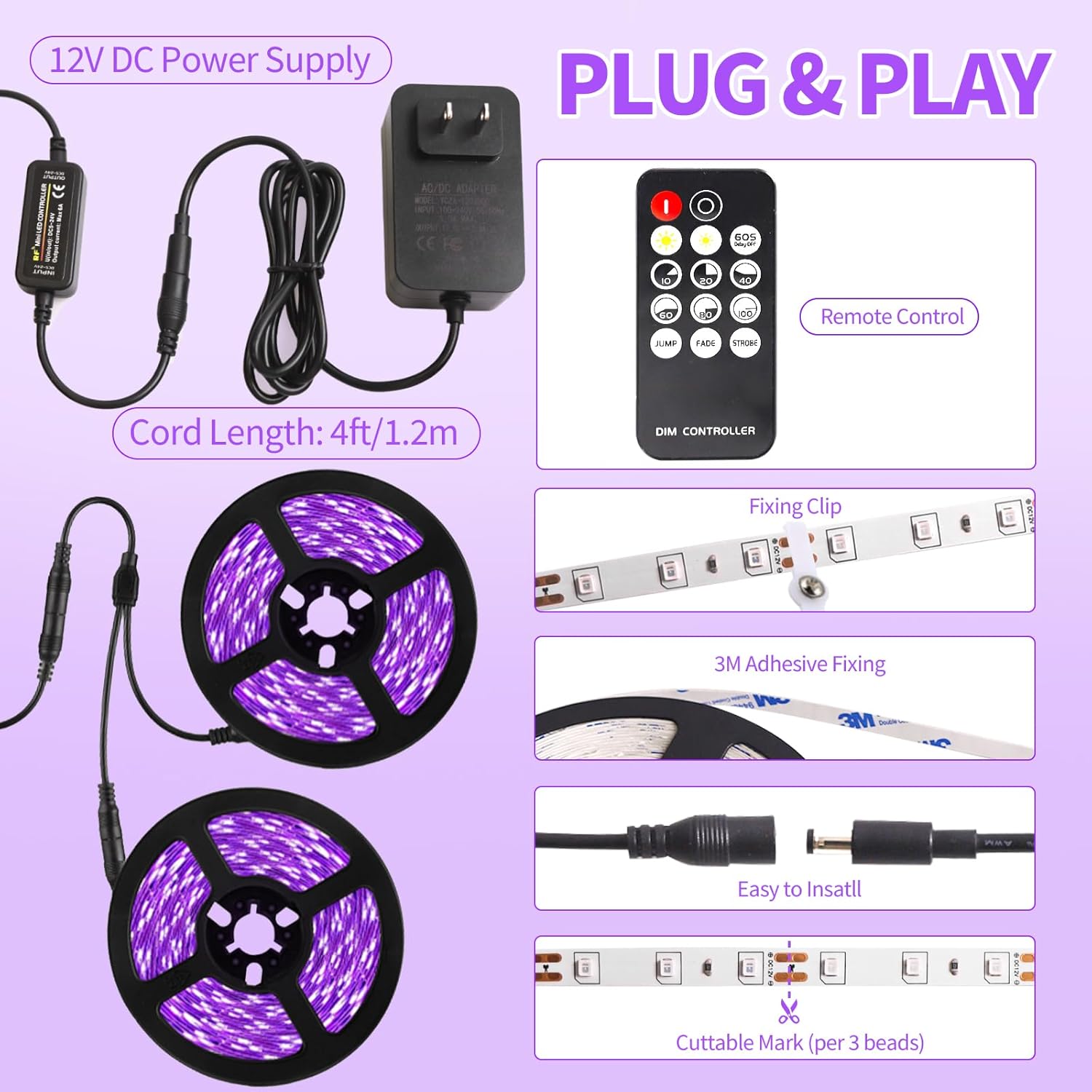 50_Ft/66FT_Black_Light_Strip_&_Remote,_900LEDs,_Dimmable_12V_Flexible_Black_Lights_for_Glow_Party,_Bedroom,_Hallween,_Fluorescent_Tapestry_Poster,_3_Light_Modes,_Non-Waterproof