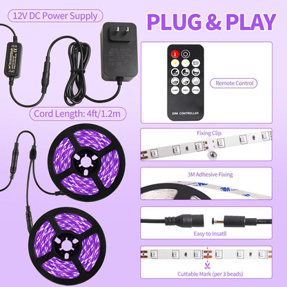 50_Ft/66FT_Black_Light_Strip_&_Remote,_900LEDs,_Dimmable_12V_Flexible_Black_Lights_for_Glow_Party,_Bedroom,_Hallween,_Fluorescent_Tapestry_Poster,_3_Light_Modes,_Non-Waterproof