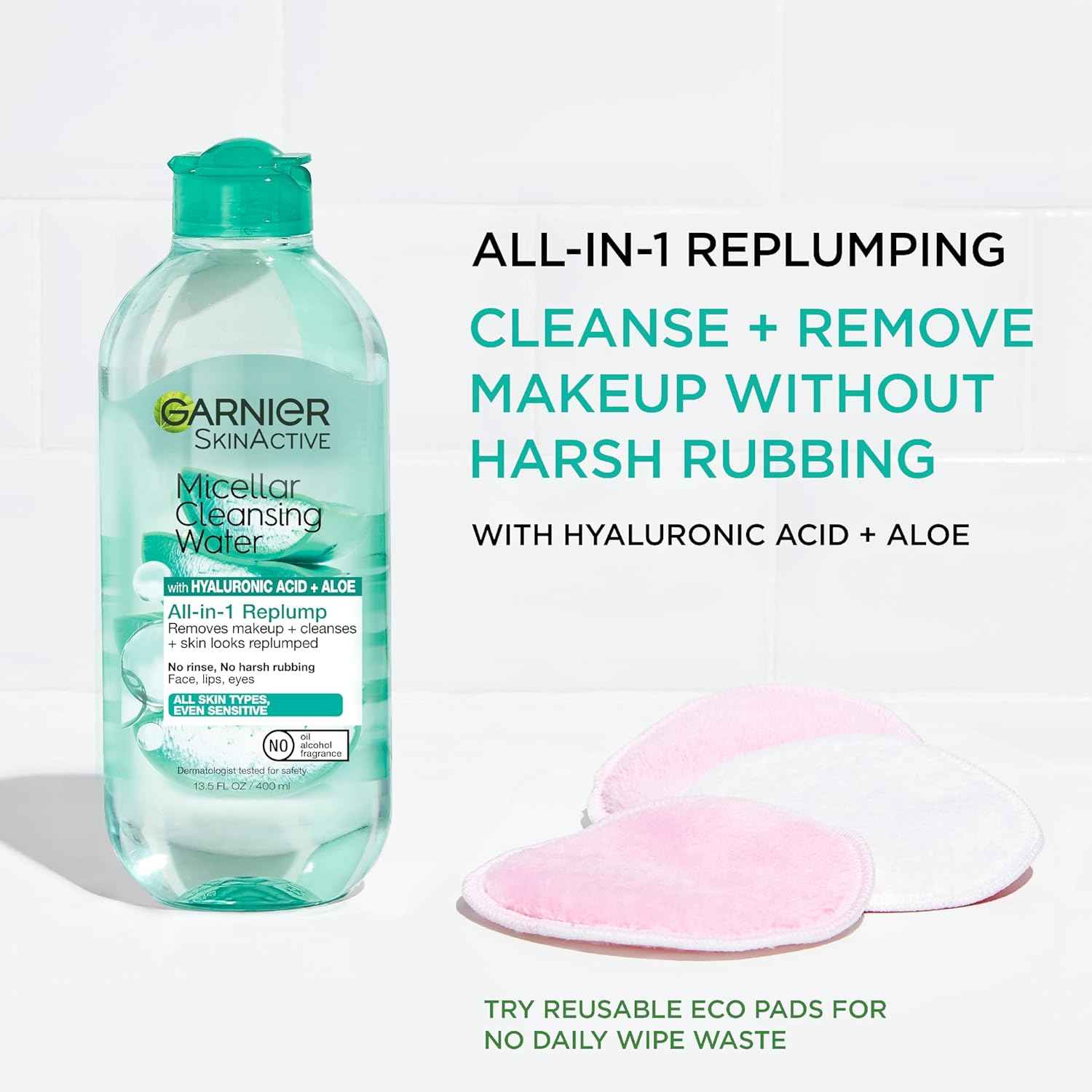 Garnier Micellar Water with Hyaluronic Acid, Facial Cleanser & Makeup Remover, Hydrating and Plumping, For All Skin Types, Vegan, Cruelty Free, 13.5 Fl Oz (400mL)