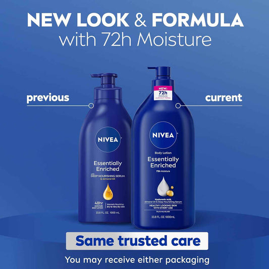 NIVEA Essentially Enriched Body Lotion for Very Dry Skin, Clean 33.8 Fl Oz Pump Bottle for a Clutter-Free Bathroom Counter, 72-Hour Hydration