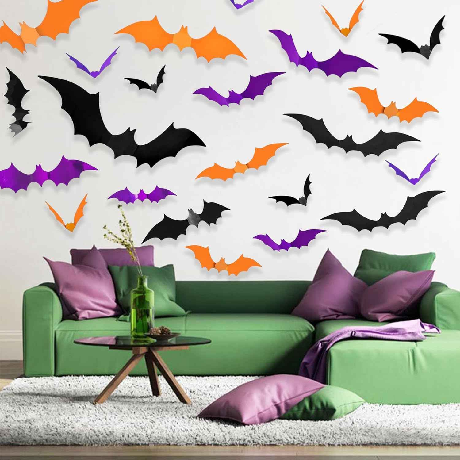 Halloween Bat Decor for Kids Room – Removable 3D PVC Wall Stickers in Orange Purple Black for Child Safe Bedroom Makeover