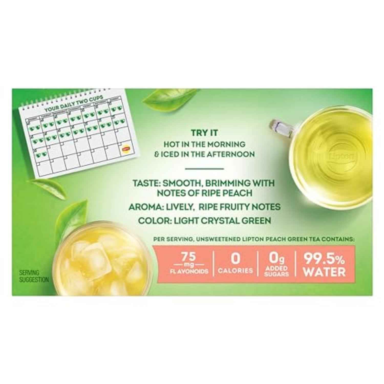 Lipton Peach Green Tea Bags – Daily Wellness Ritual for Mindful Mornings, 75mg Flavonoids Per Cup