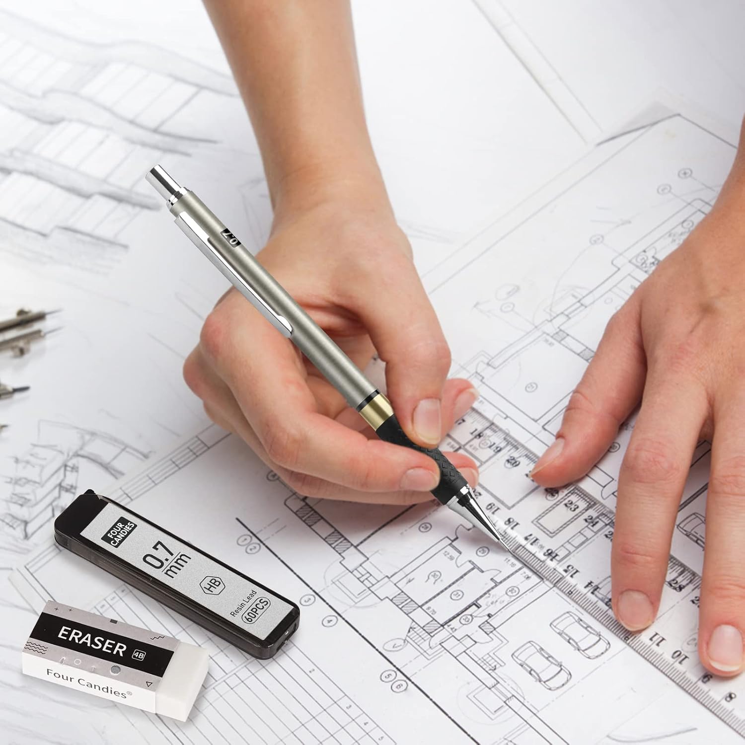 Four_Candies_Metal_Mechanical_Pencil_Set_-__Art_Mechanical_Pencils_&_360PCS_HB_Lead_Refills_&_3PCS_Erasers_&_9PCS_Eraser_Refills,_Drawing_Mechanical_Pencils_for_Writing,_Sketching/With_Case