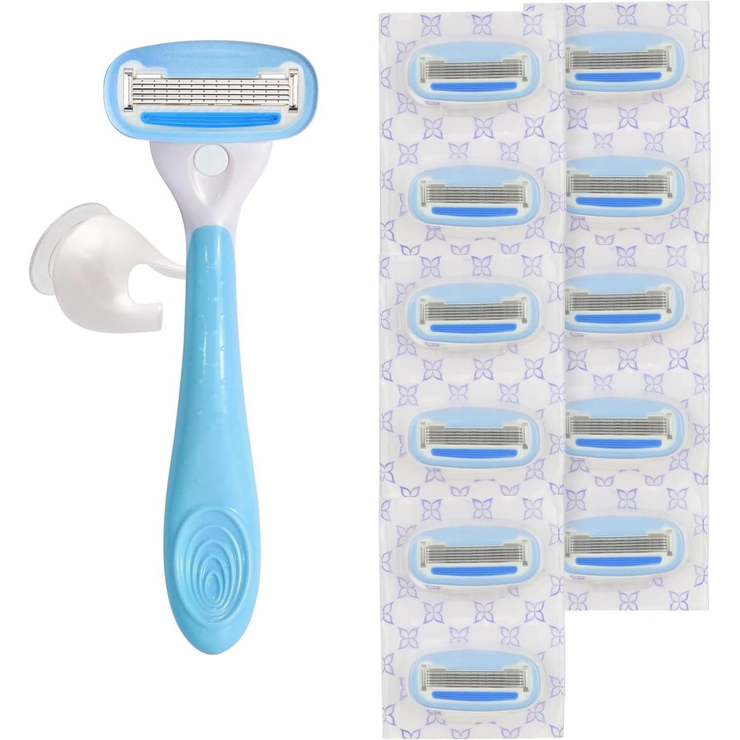 Basics_5-Blade_Razor_for_Women,_Handle,_12_Cartridges_&_Shower_Hanger_(Cartridges_fit_Basics_Razor_Handles_only)_14_Piece_Set,_Blue