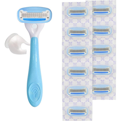 Basics_5-Blade_Razor_for_Women,_Handle,_12_Cartridges_&_Shower_Hanger_(Cartridges_fit_Basics_Razor_Handles_only)_14_Piece_Set,_Blue
