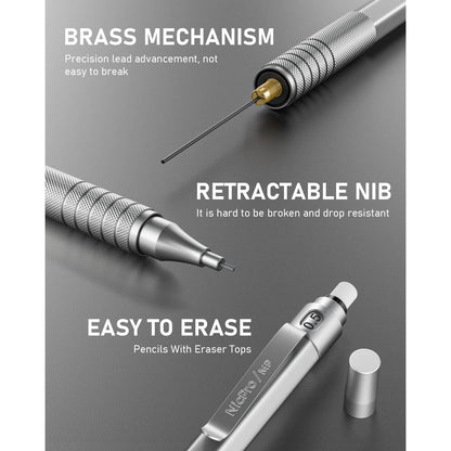 Nicpro_2_PCS_Mechanical_Pencil_0.5mm_&_0.7_mm_with_Case,_MP1000_Metal_Artist_Pencil_Set_with_4_Tubes_HB_Lead_Refills,_2_Erasers,_9_Eraser_Refills_For_Art_Writing_Drafting,_Drawing,_Sketch